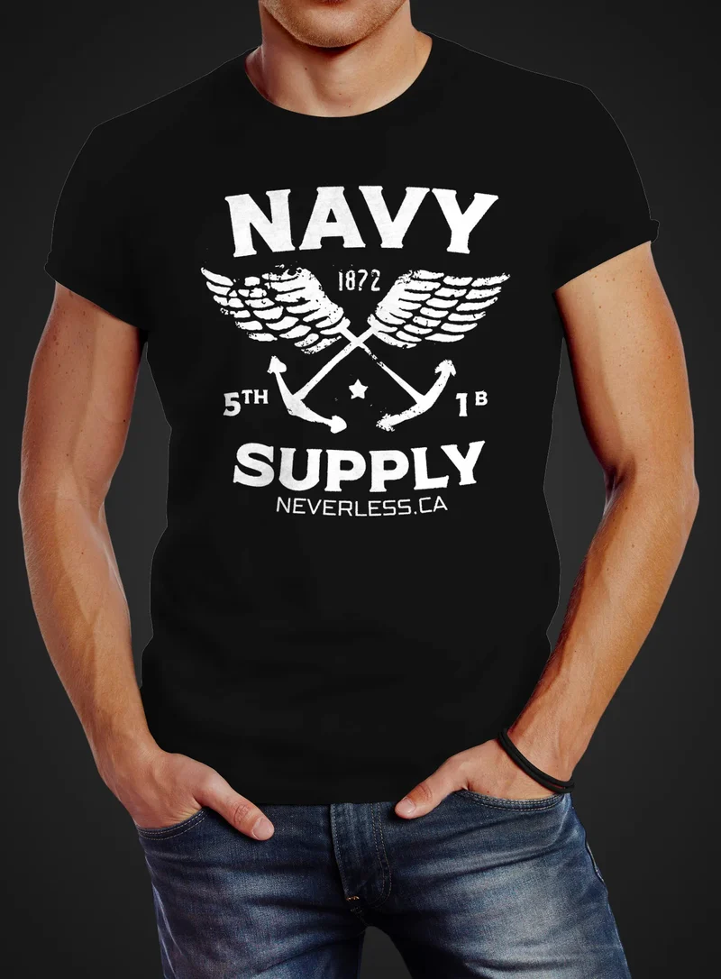 Cooles Herren T-Shirt New Nautical Maritim Anker mit Flügeln Navy Supply Vintage