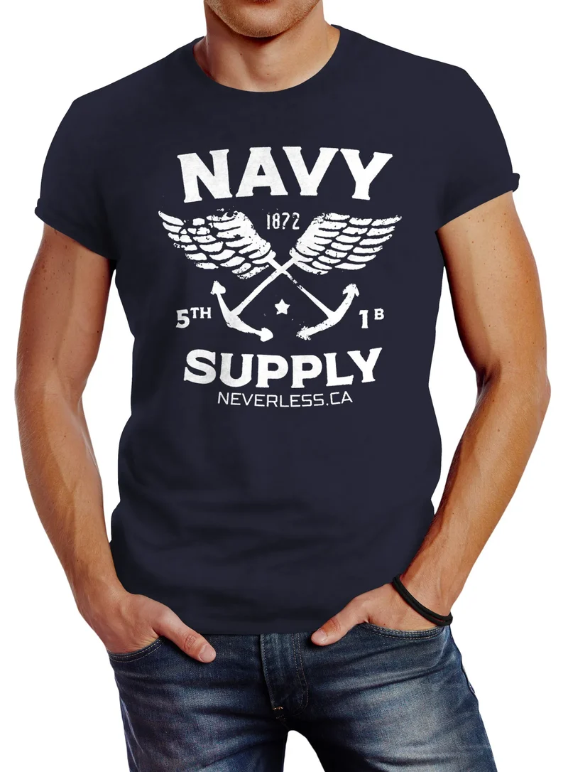 Cooles Herren T-Shirt New Nautical Maritim Anker mit Flügeln Navy Supply Vintage