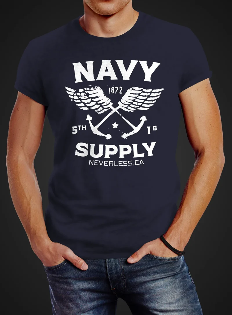 Cooles Herren T-Shirt New Nautical Maritim Anker mit Flügeln Navy Supply Vintage