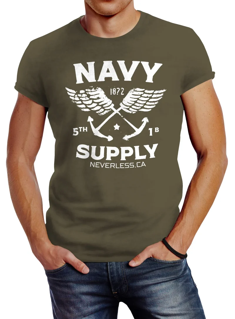 Cooles Herren T-Shirt New Nautical Maritim Anker mit Flügeln Navy Supply Vintage