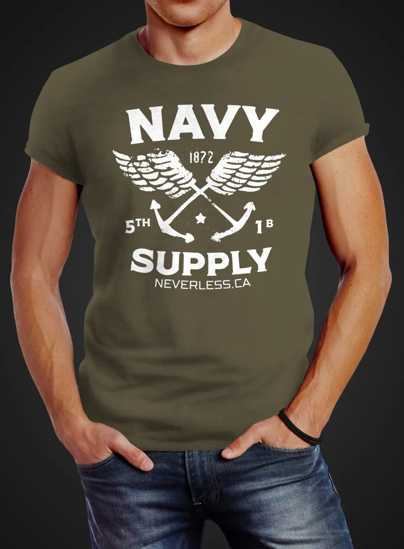 Cooles Herren T-Shirt New Nautical Maritim Anker mit Flügeln Navy Supply Vintage