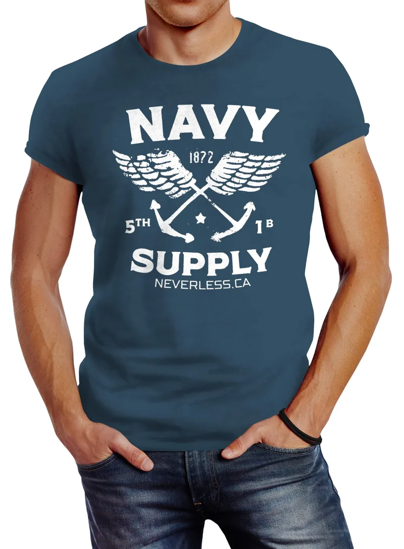 Cooles Herren T-Shirt New Nautical Maritim Anker mit Flügeln Navy Supply Vintage