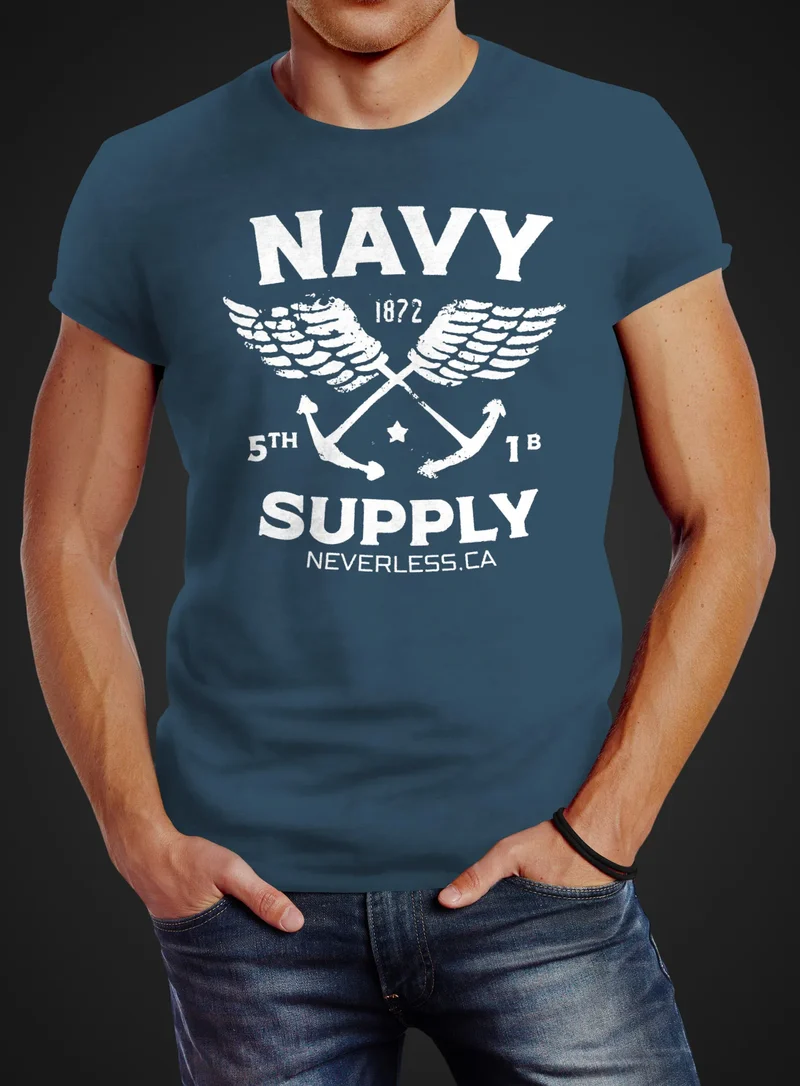 Cooles Herren T-Shirt New Nautical Maritim Anker mit Flügeln Navy Supply Vintage