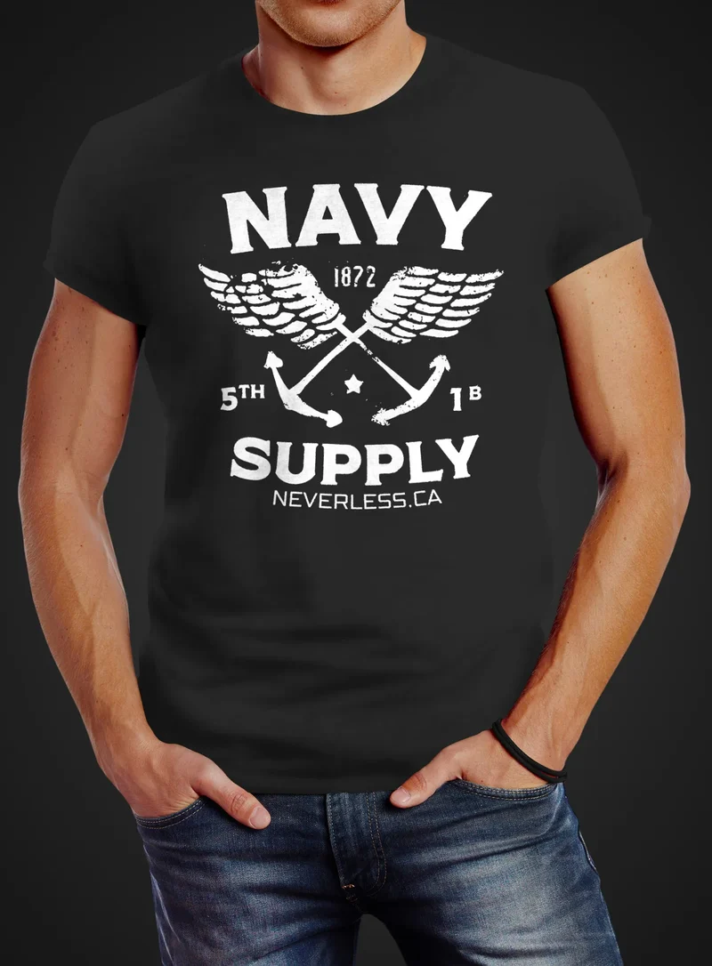 Cooles Herren T-Shirt New Nautical Maritim Anker mit Flügeln Navy Supply Vintage