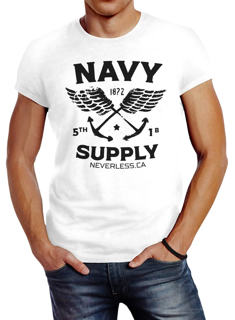 Cooles Herren T-Shirt New Nautical Maritim Anker mit Flügeln Navy Supply Vintage