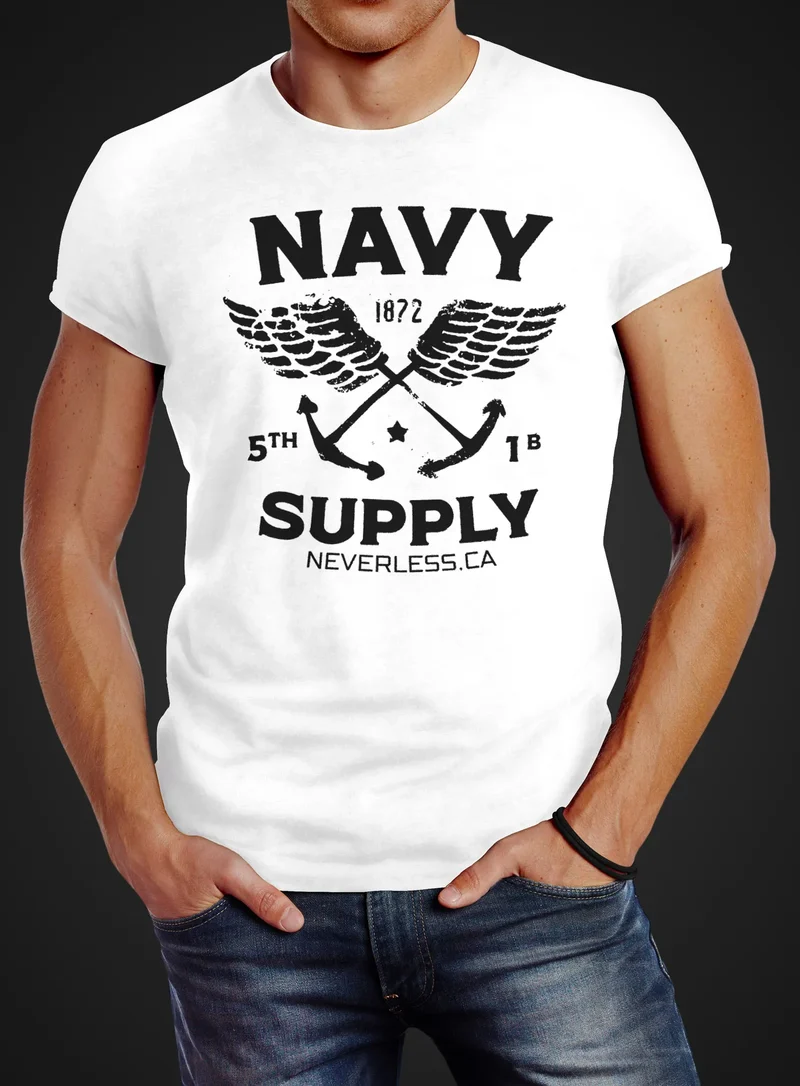 Cooles Herren T-Shirt New Nautical Maritim Anker mit Flügeln Navy Supply Vintage