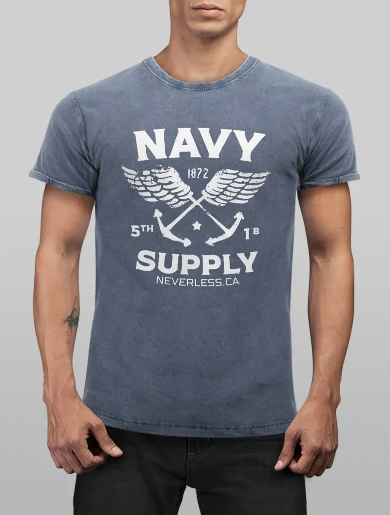 Herren T-Shirt Vintage Shirt Printshirt Anker Navy Supply Used Look Slim Fit