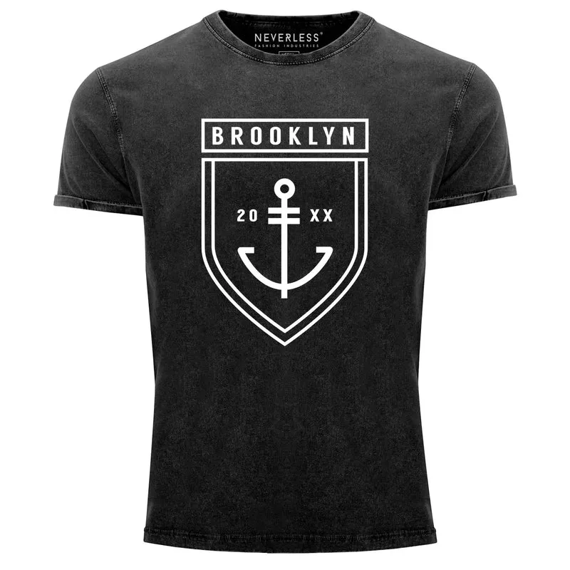 Cooles Angesagtes Herren T-Shirt Vintage Shirt Brooklyn Anker Aufdruck Used Look Slim Fit