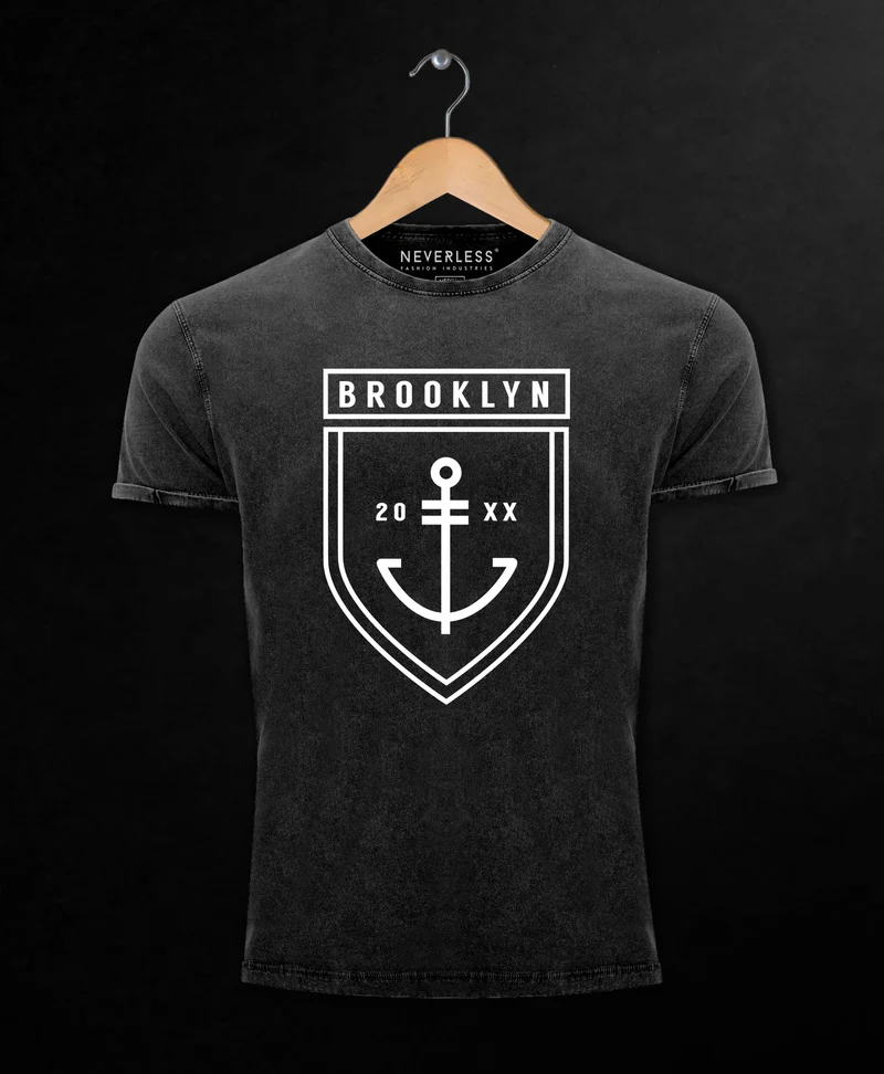 Cooles Angesagtes Herren T-Shirt Vintage Shirt Brooklyn Anker Aufdruck Used Look Slim Fit