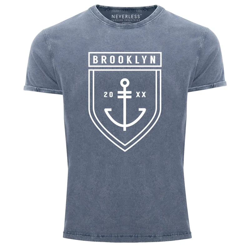 Cooles Angesagtes Herren T-Shirt Vintage Shirt Brooklyn Anker Aufdruck Used Look Slim Fit