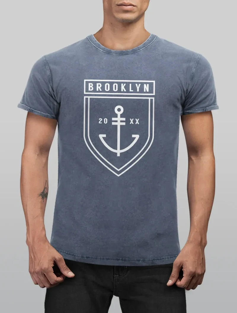 Cooles Angesagtes Herren T-Shirt Vintage Shirt Brooklyn Anker Aufdruck Used Look Slim Fit