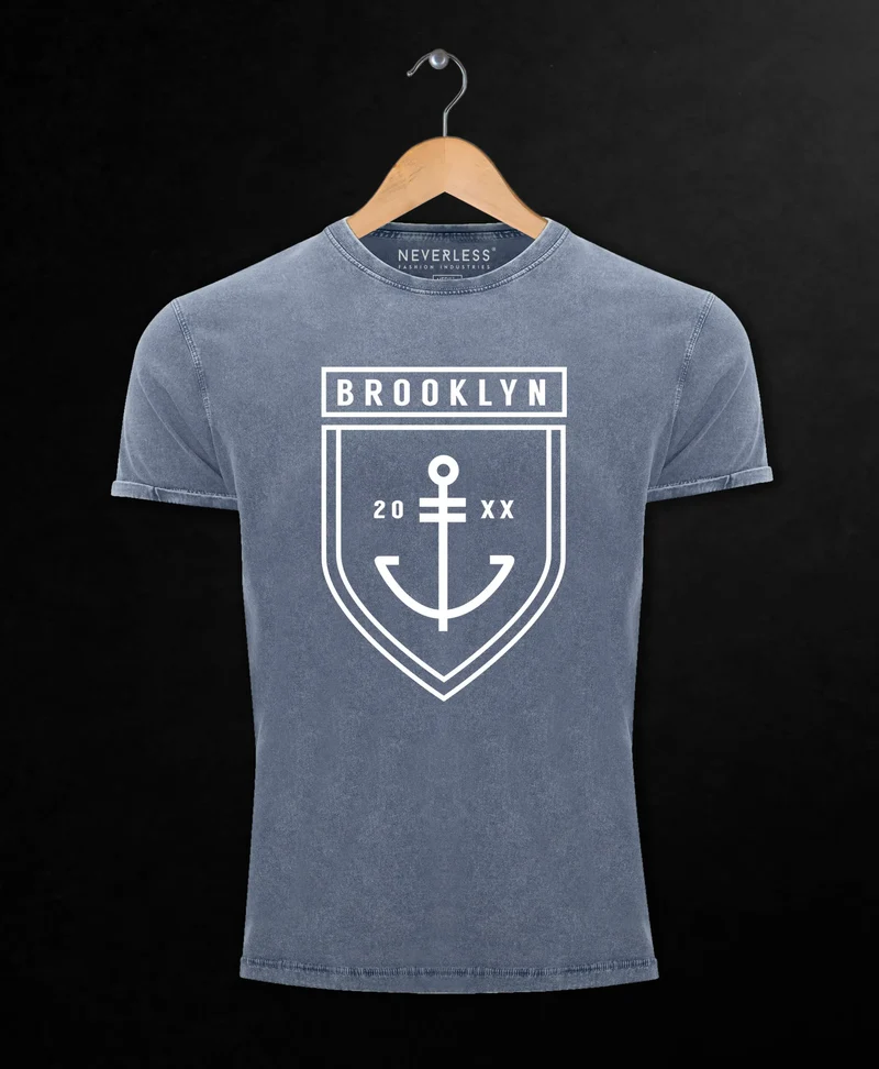 Cooles Angesagtes Herren T-Shirt Vintage Shirt Brooklyn Anker Aufdruck Used Look Slim Fit