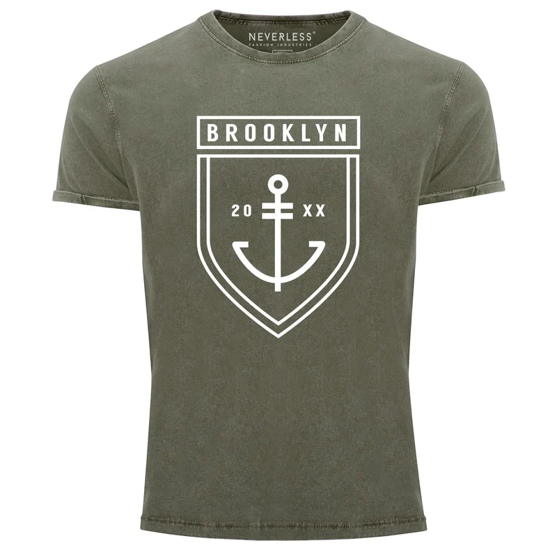 Cooles Angesagtes Herren T-Shirt Vintage Shirt Brooklyn Anker Aufdruck Used Look Slim Fit