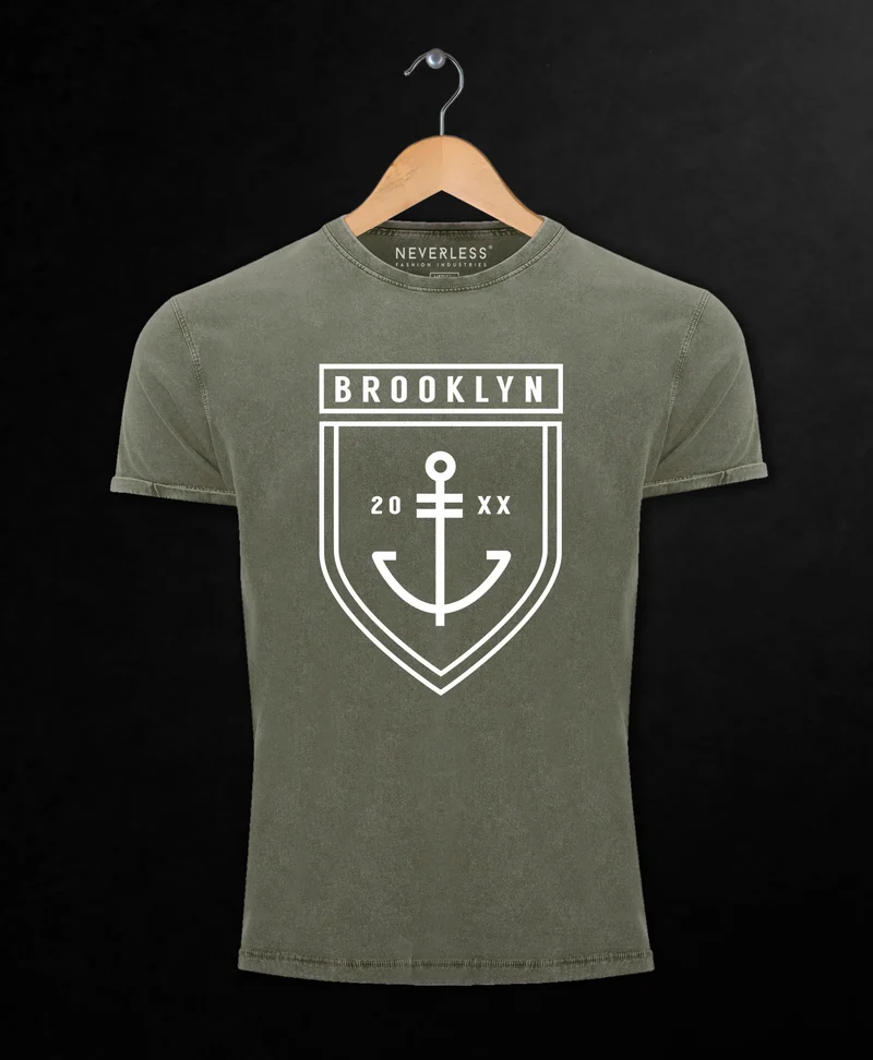 Cooles Angesagtes Herren T-Shirt Vintage Shirt Brooklyn Anker Aufdruck Used Look Slim Fit