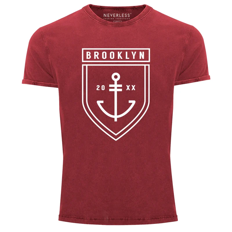 Cooles Angesagtes Herren T-Shirt Vintage Shirt Brooklyn Anker Aufdruck Used Look Slim Fit