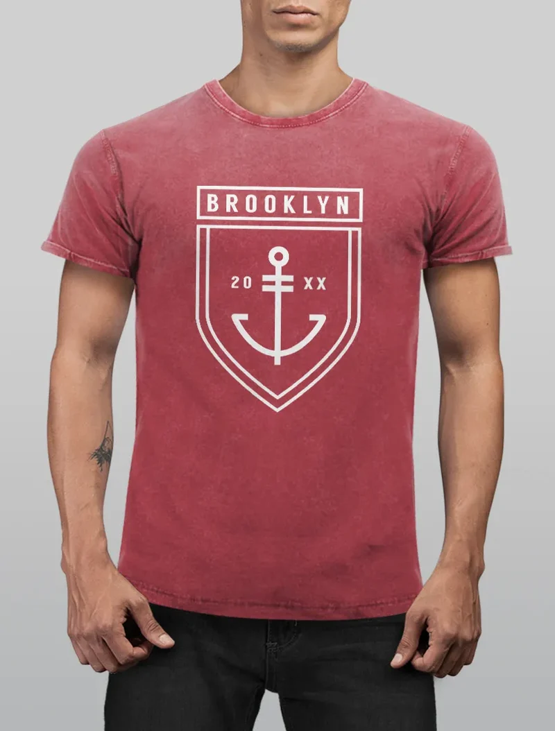 Cooles Angesagtes Herren T-Shirt Vintage Shirt Brooklyn Anker Aufdruck Used Look Slim Fit