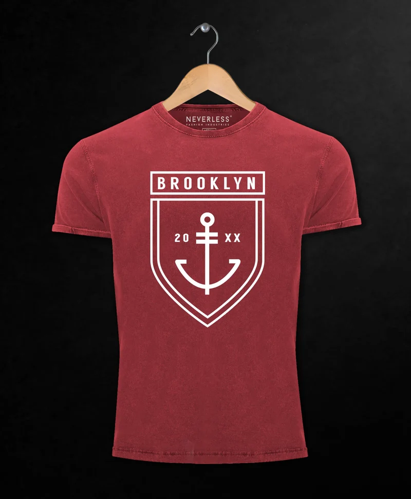 Cooles Angesagtes Herren T-Shirt Vintage Shirt Brooklyn Anker Aufdruck Used Look Slim Fit