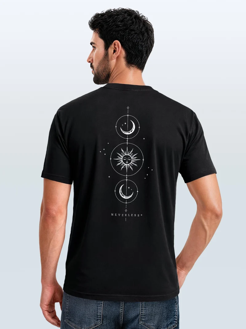 Herren T-Shirt Backprint Sonne Mond Celestial – Baumwollshirt Streetstyle Slim Fit