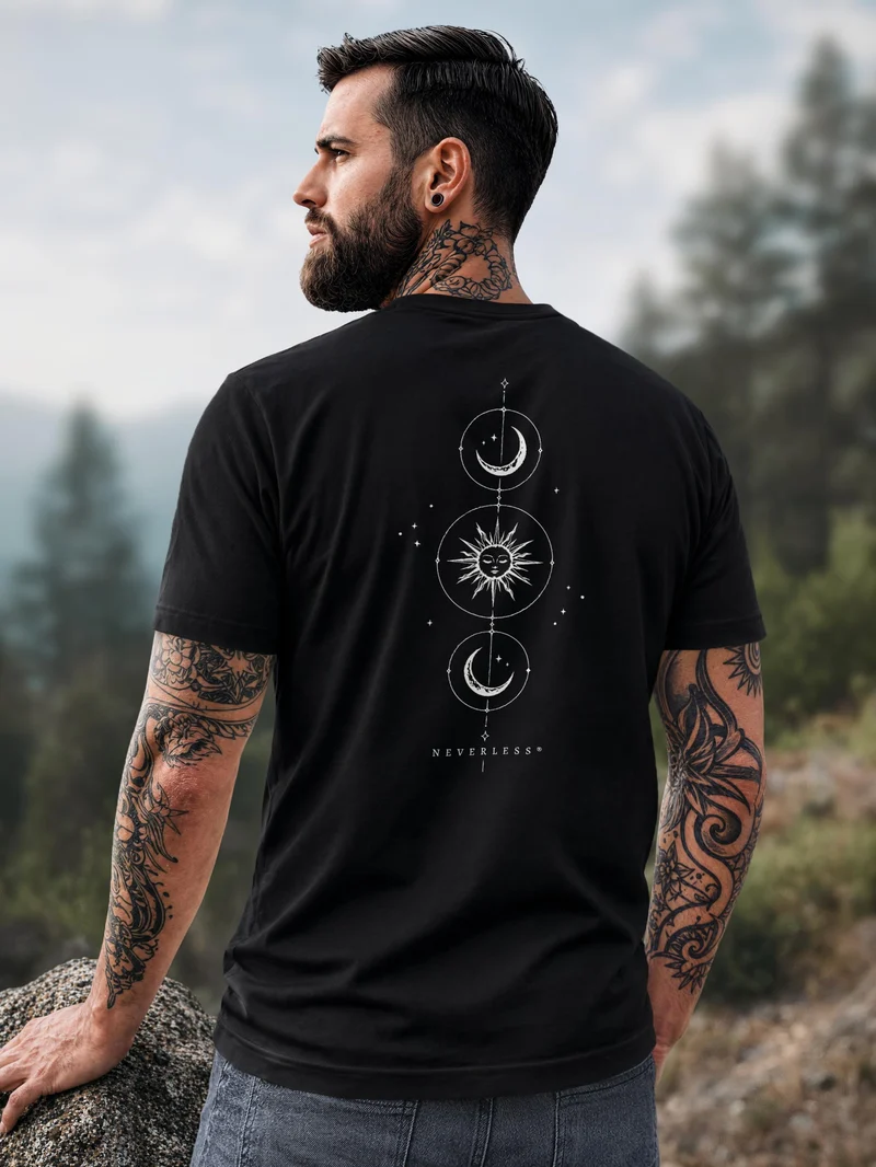 Herren T-Shirt Backprint Sonne Mond Celestial – Baumwollshirt Streetstyle Slim Fit