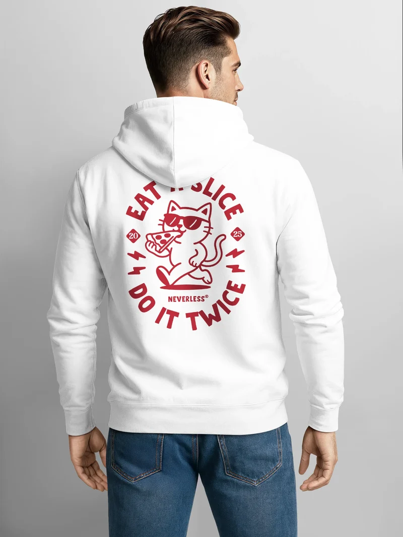 Herren Sweatjacke Backprint | Eat twice Pizza Cat | Zipjacke Zip-Hoodie mit Katze Fashion Streetstyle