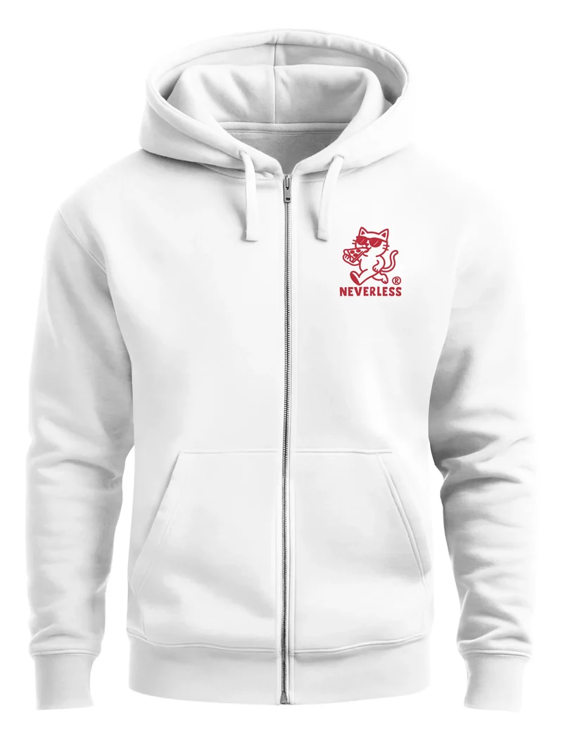 Herren Sweatjacke Backprint | Eat twice Pizza Cat | Zipjacke Zip-Hoodie mit Katze Fashion Streetstyle