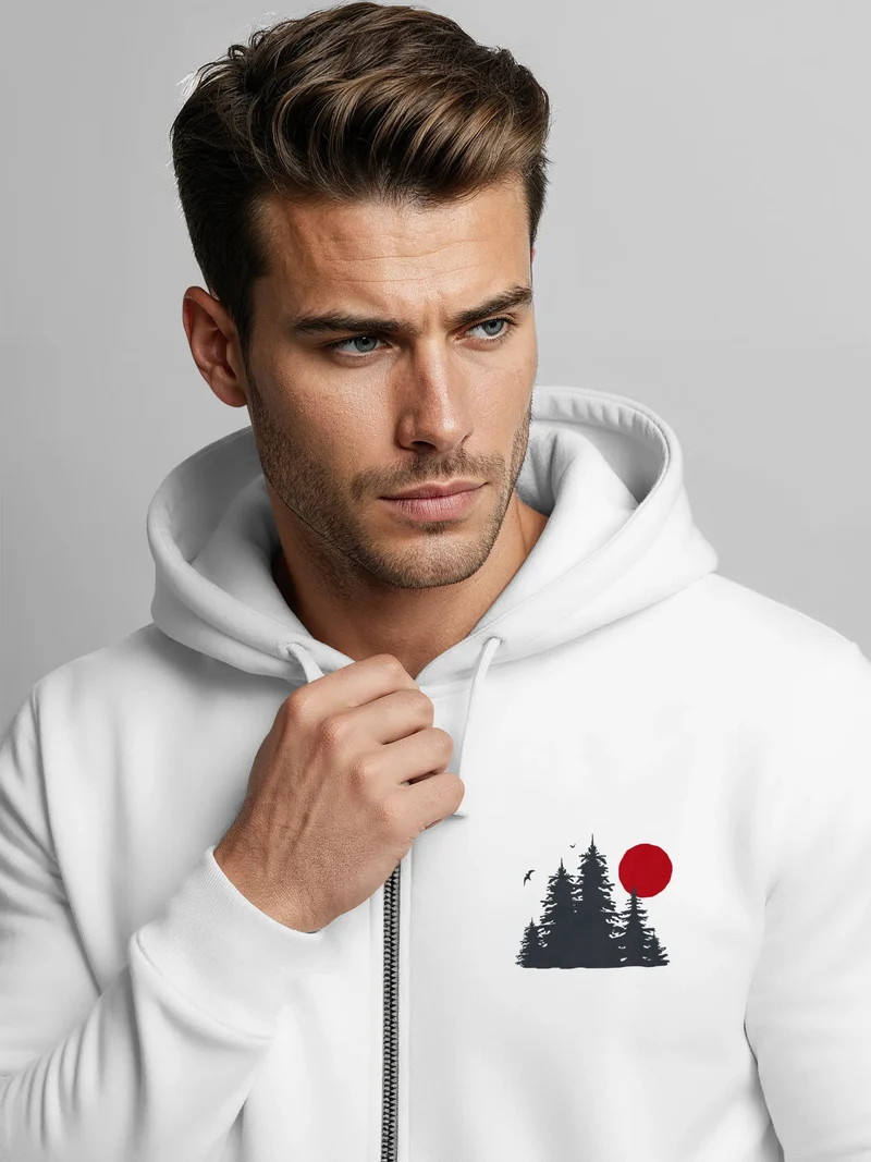 Herren Sweatjacke mit Kapuze Logo Print Wald Zipjacke Zip-Hoodie Männer Outdoor Fashion Streetstyle
