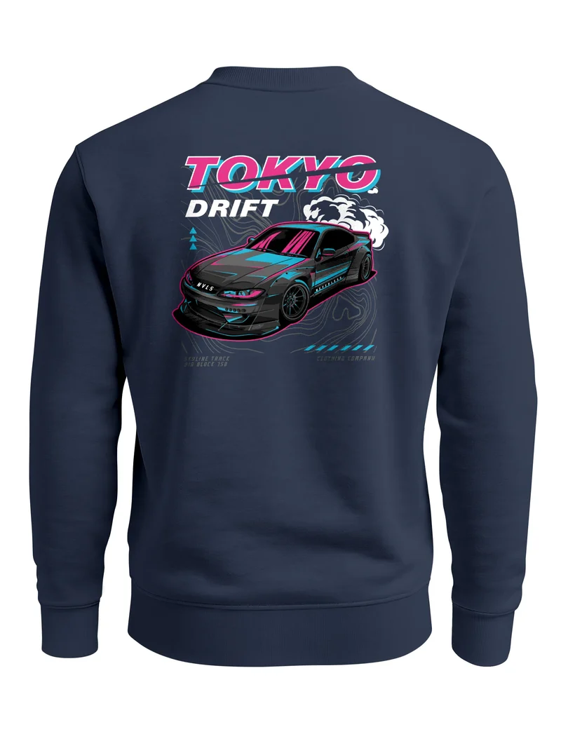Sweatshirt Herren Pullover mit Backprint Tokyo Drift Auto Design Sportwagen Retro Racing Streetwear Fashion