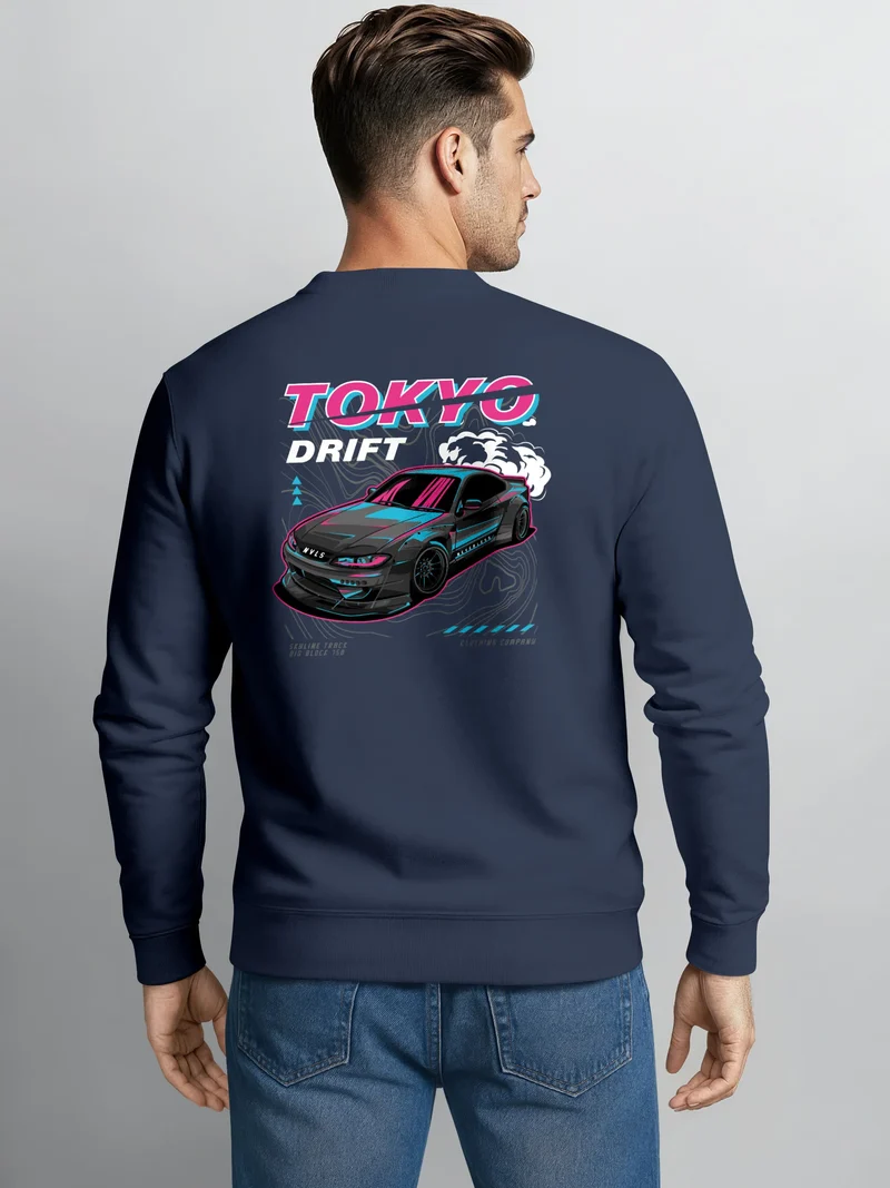 Sweatshirt Herren Pullover mit Backprint Tokyo Drift Auto Design Sportwagen Retro Racing Streetwear Fashion