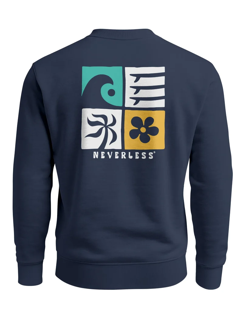 Sweatshirt Herren Pullover mit Graphic Backprint mit Welle Blume und Sonne – Retro Streetwear Fashion Männer