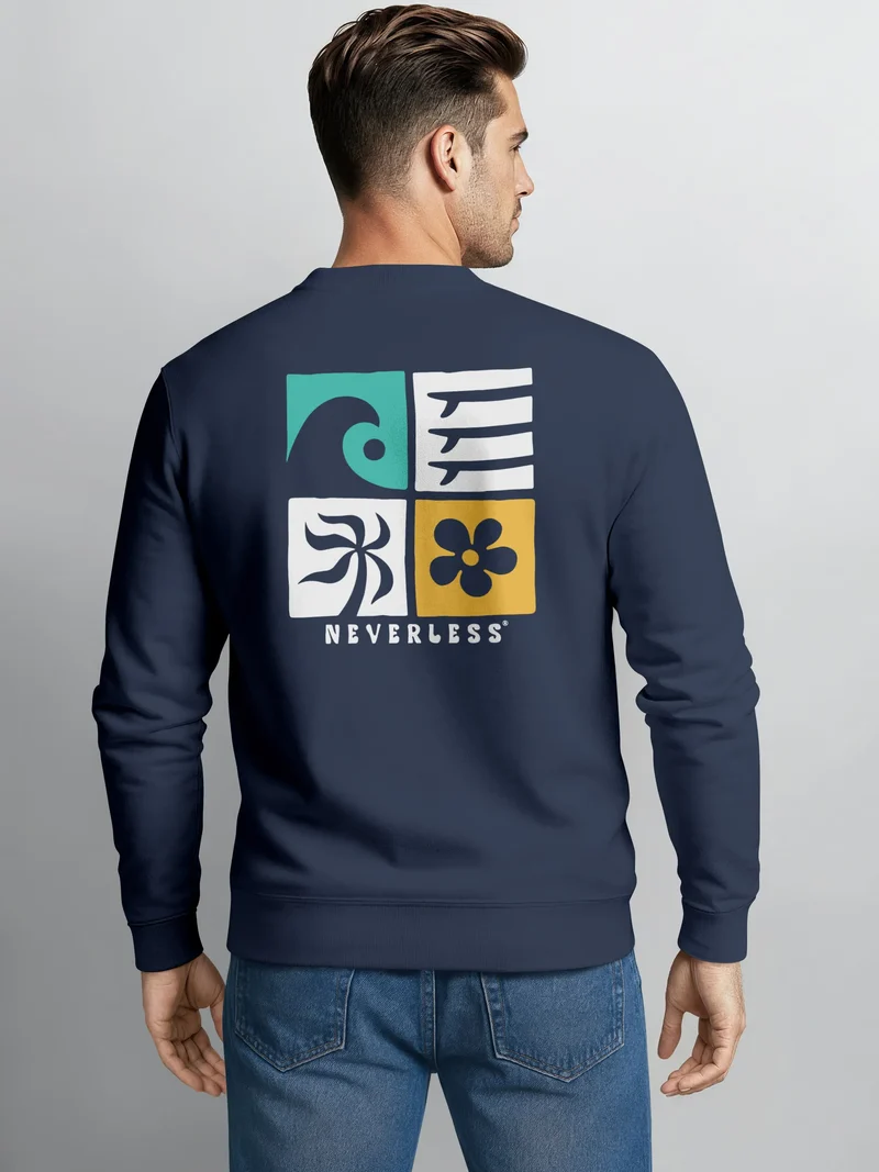 Sweatshirt Herren Pullover mit Graphic Backprint mit Welle Blume und Sonne – Retro Streetwear Fashion Männer