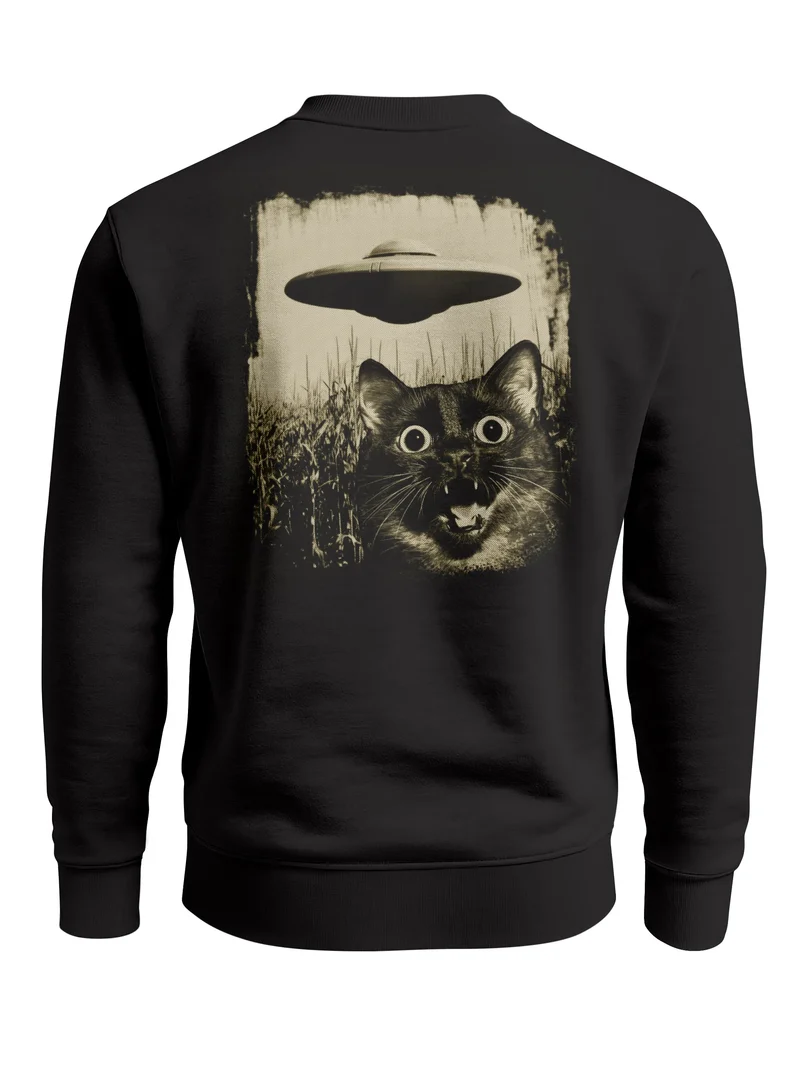 Sweatshirt Herren Pullover mit Backprint Katze und UFO Design Retro Fun Design Fashion Streetwear