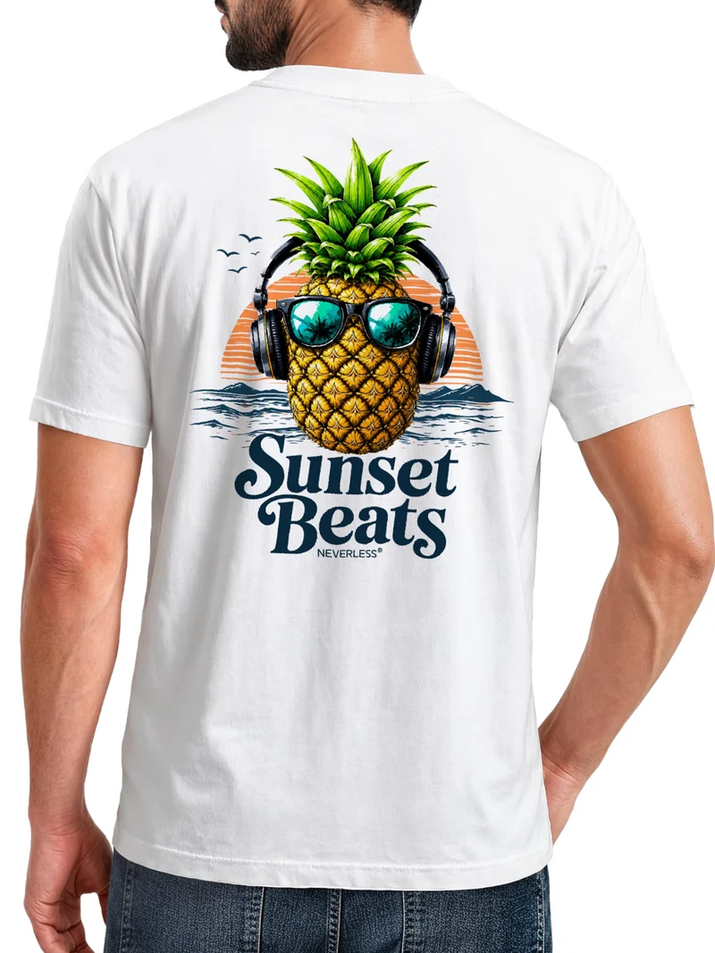 Herren T-Shirt Backprint - Ananas Design Sunset Beats - Baumwollshirt Männer Fashion Streetstyle Slim Fit