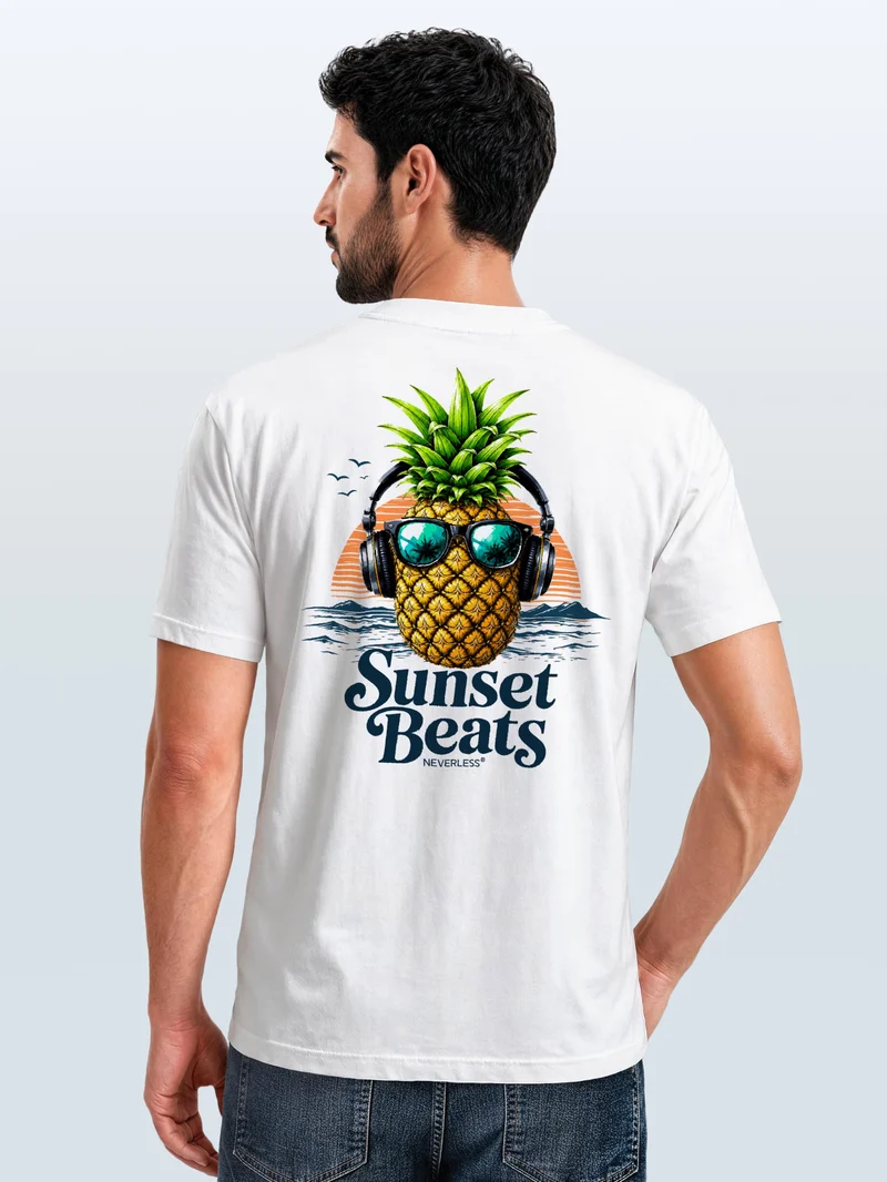 Herren T-Shirt Backprint - Ananas Design Sunset Beats - Baumwollshirt Männer Fashion Streetstyle Slim Fit