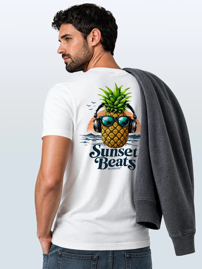 Herren T-Shirt Backprint - Ananas Design Sunset Beats - Baumwollshirt Männer Fashion Streetstyle Slim Fit