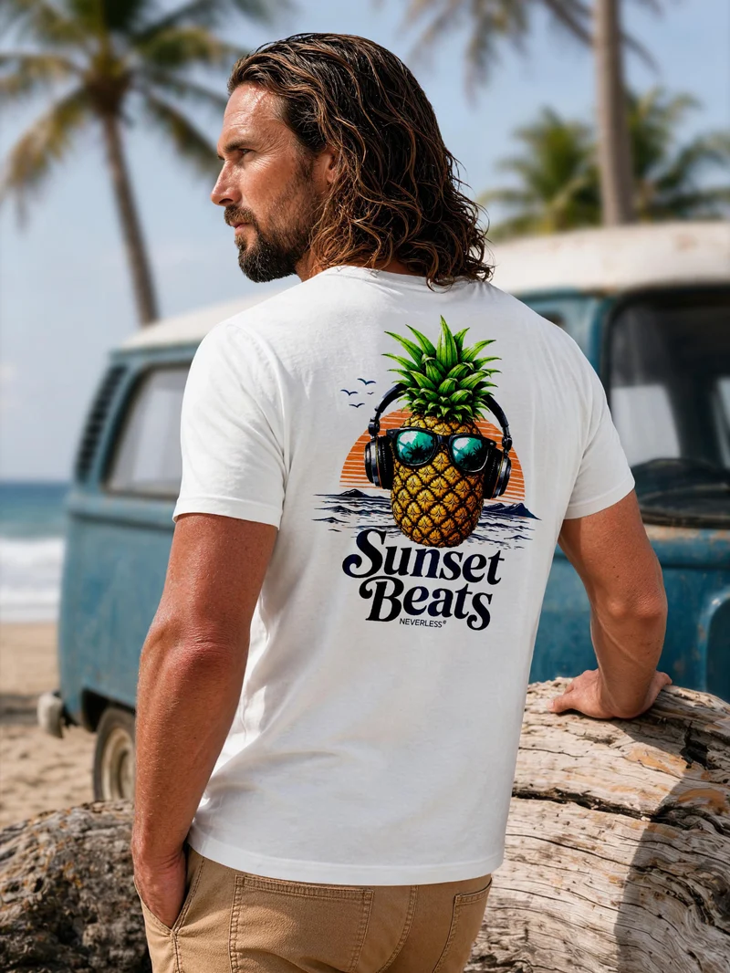 Herren T-Shirt Backprint - Ananas Design Sunset Beats - Baumwollshirt Männer Fashion Streetstyle Slim Fit