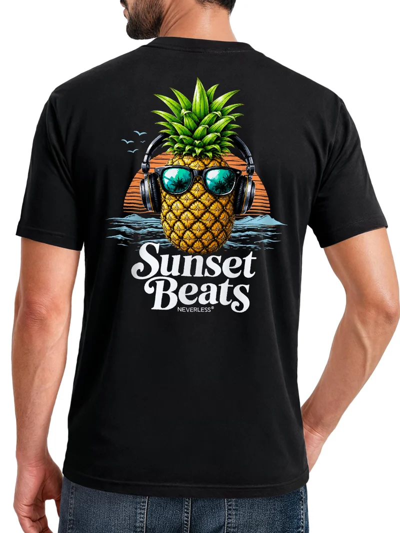 Herren T-Shirt Backprint - Ananas Design Sunset Beats - Baumwollshirt Männer Fashion Streetstyle Slim Fit