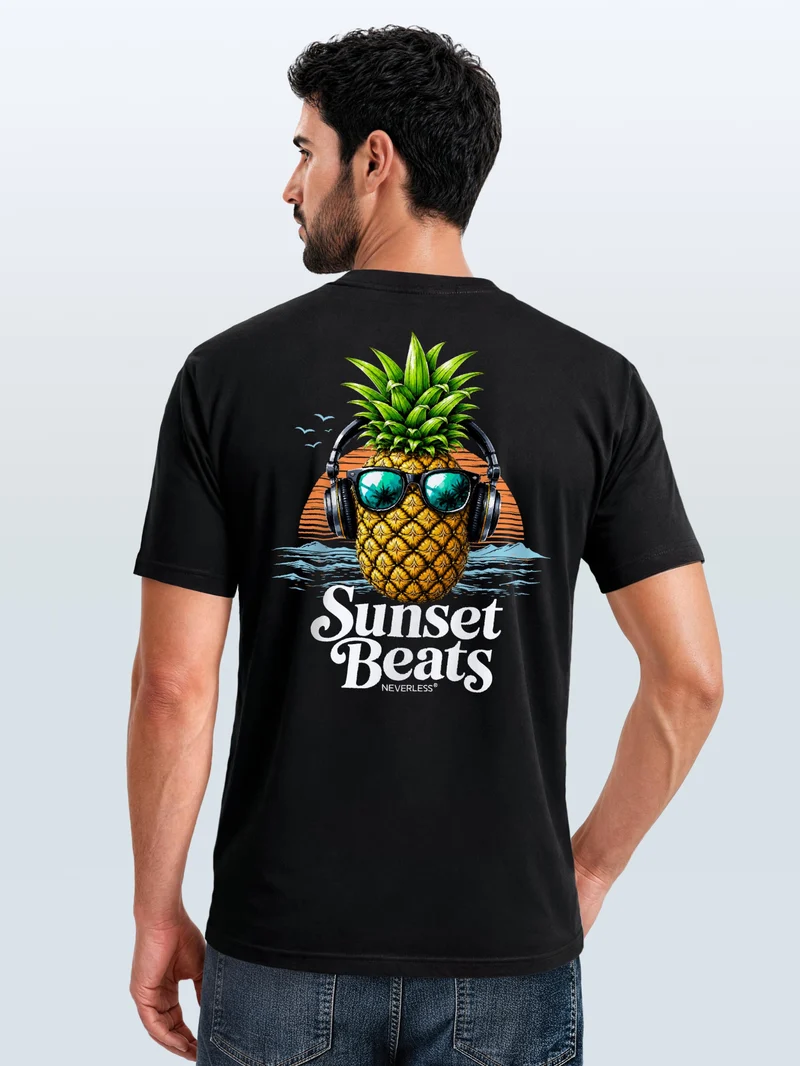 Herren T-Shirt Backprint - Ananas Design Sunset Beats - Baumwollshirt Männer Fashion Streetstyle Slim Fit