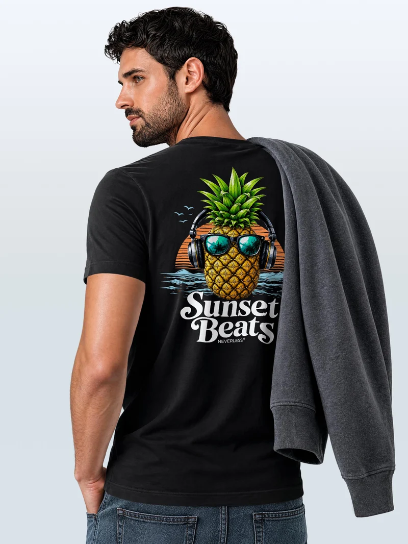 Herren T-Shirt Backprint - Ananas Design Sunset Beats - Baumwollshirt Männer Fashion Streetstyle Slim Fit