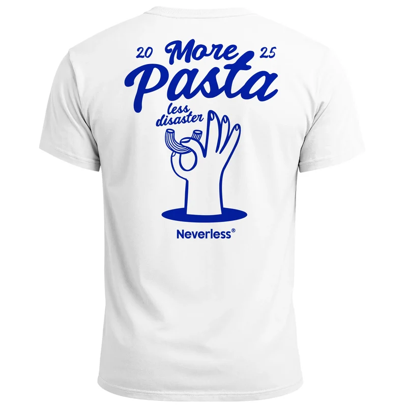 Herren T-Shirt Backprint More Pasta Less Disaster Grafikshirt Nudeln Sommer Fashion Streetstyle