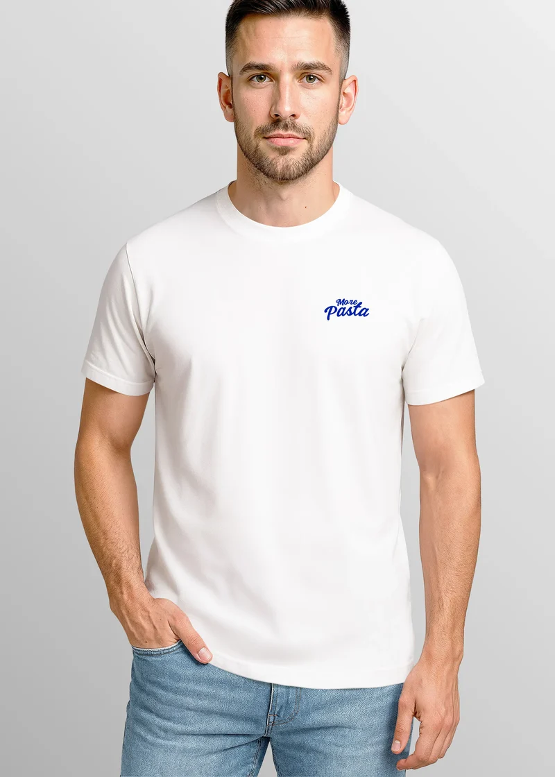 Herren T-Shirt Backprint More Pasta Less Disaster Grafikshirt Nudeln Sommer Fashion Streetstyle