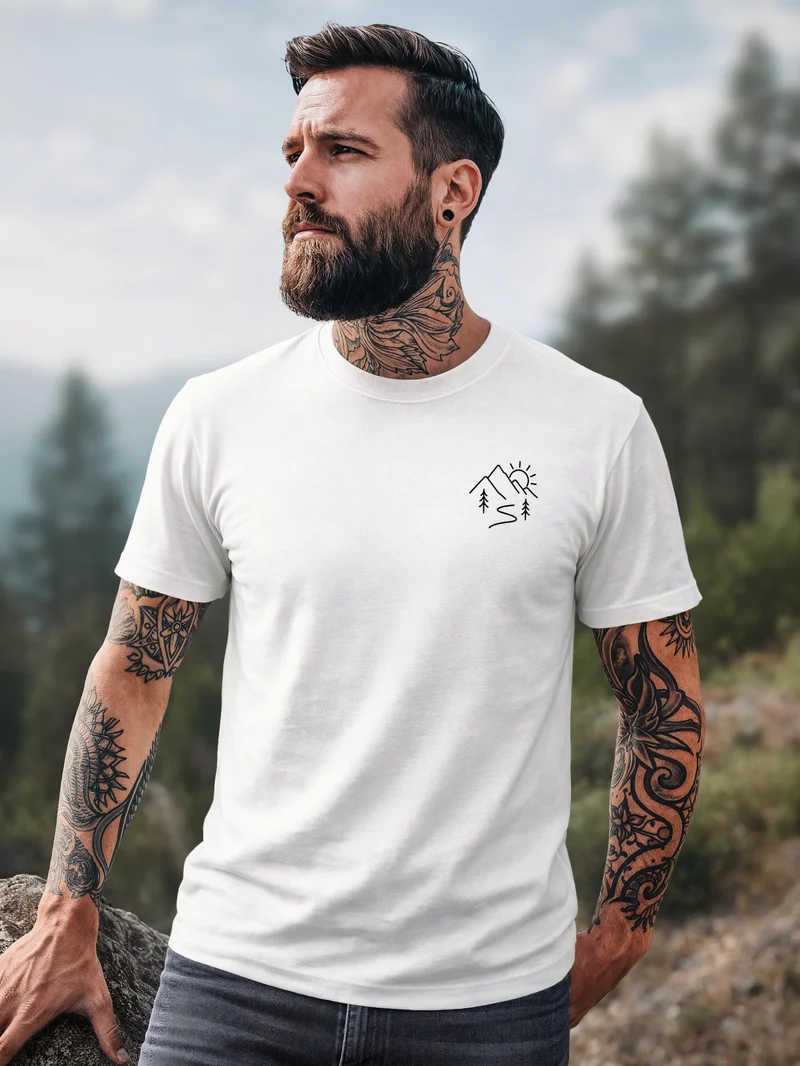 Herren T-Shirt Frontprint - Berg Linie - Baumwollshirt Männer Fashion Streetstyle Slim Fit