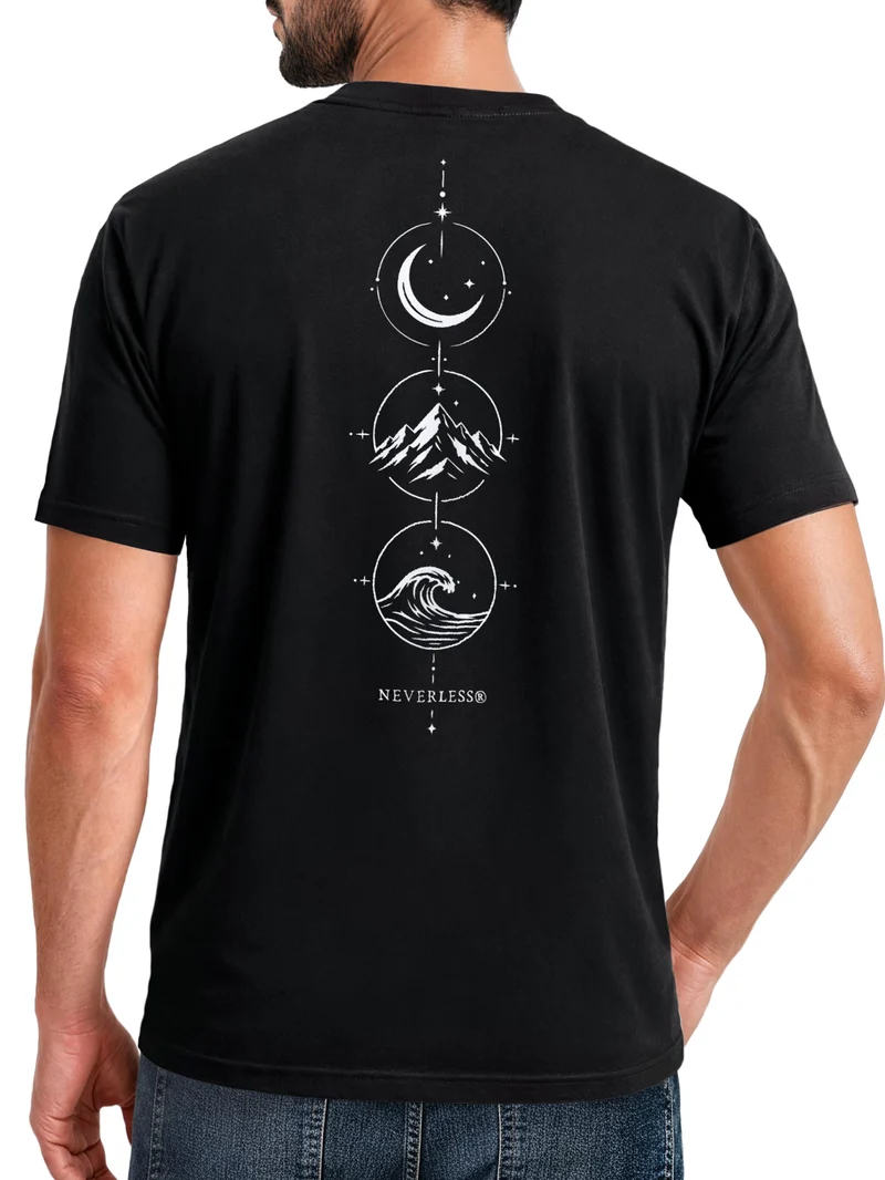 Herren T-Shirt Backprint - Berg Mond Welle - Baumwollshirt Männer Fashion Streetstyle Slim Fit
