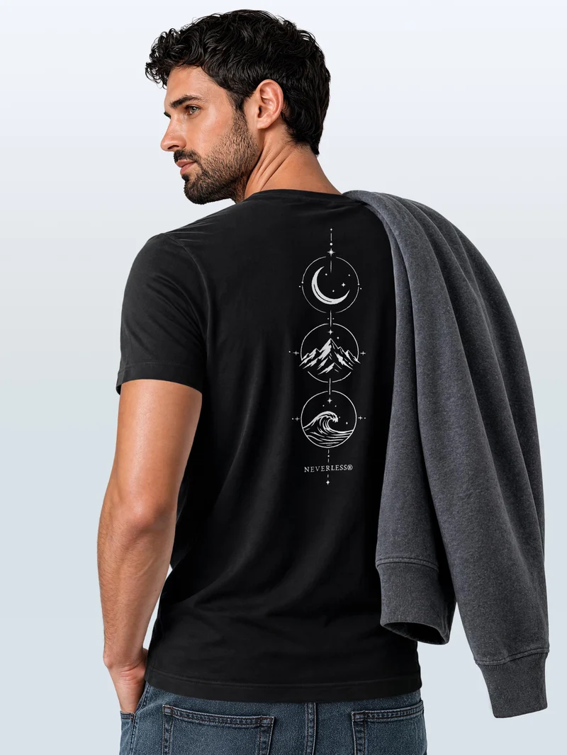 Herren T-Shirt Backprint - Berg Mond Welle - Baumwollshirt Männer Fashion Streetstyle Slim Fit