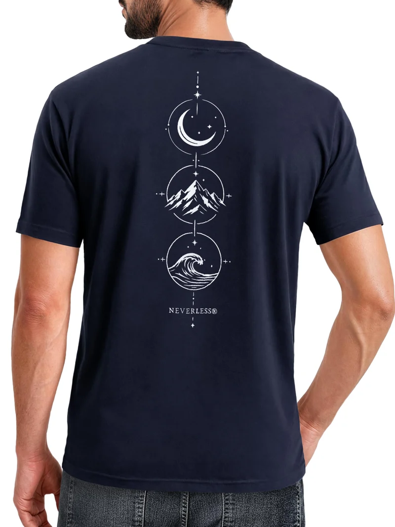 Herren T-Shirt Backprint - Berg Mond Welle - Baumwollshirt Männer Fashion Streetstyle Slim Fit