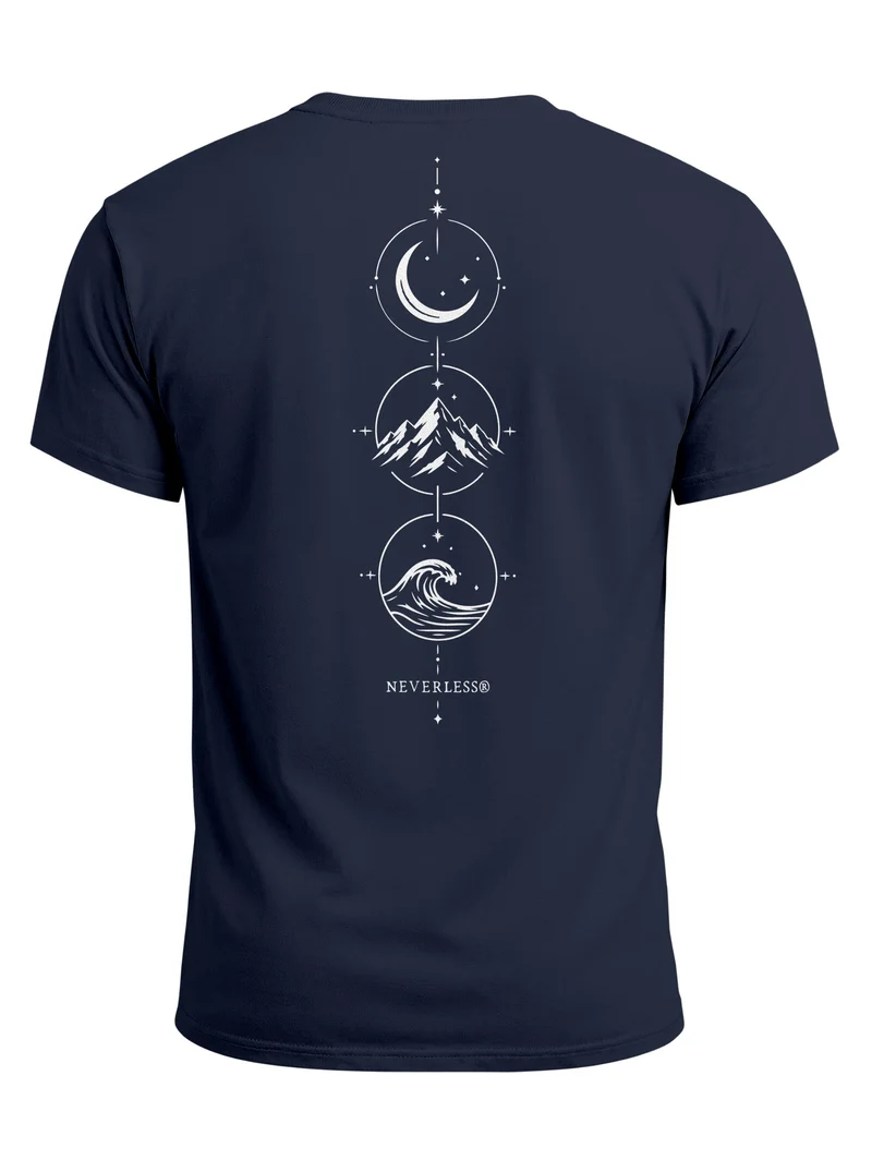Herren T-Shirt Backprint - Berg Mond Welle - Baumwollshirt Männer Fashion Streetstyle Slim Fit