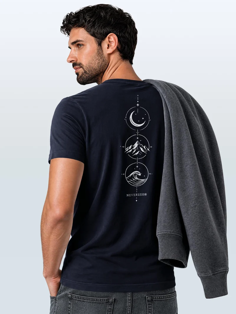 Herren T-Shirt Backprint - Berg Mond Welle - Baumwollshirt Männer Fashion Streetstyle Slim Fit