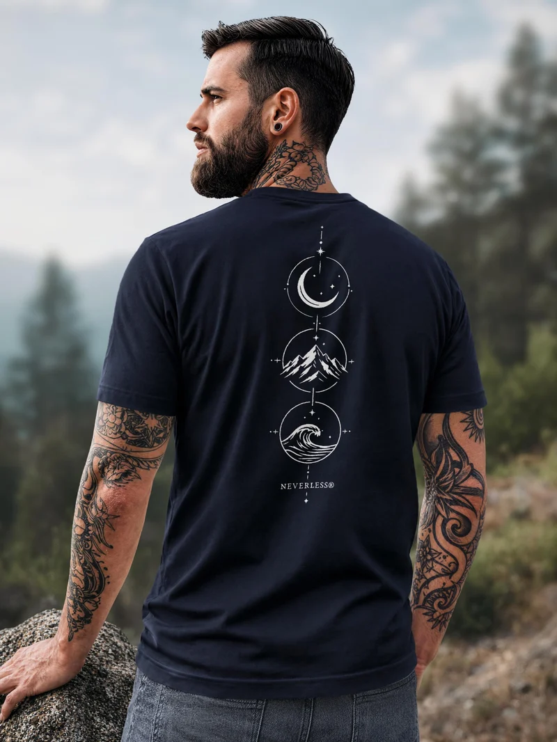 Herren T-Shirt Backprint - Berg Mond Welle - Baumwollshirt Männer Fashion Streetstyle Slim Fit