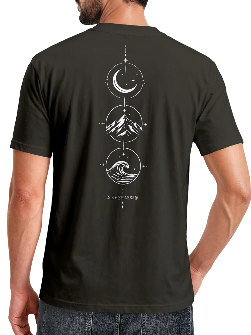 Herren T-Shirt Backprint - Berg Mond Welle - Baumwollshirt Männer Fashion Streetstyle Slim Fit