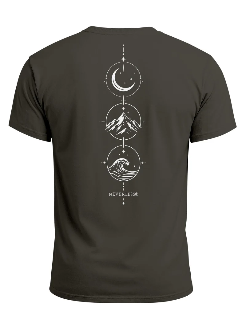 Herren T-Shirt Backprint - Berg Mond Welle - Baumwollshirt Männer Fashion Streetstyle Slim Fit