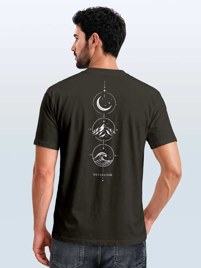 Herren T-Shirt Backprint - Berg Mond Welle - Baumwollshirt Männer Fashion Streetstyle Slim Fit